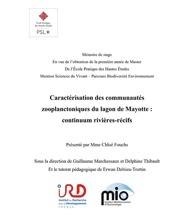 Caractérisation des communautés zooplanctoniques du lagon de Mayotte : continuum rivières - récifs
