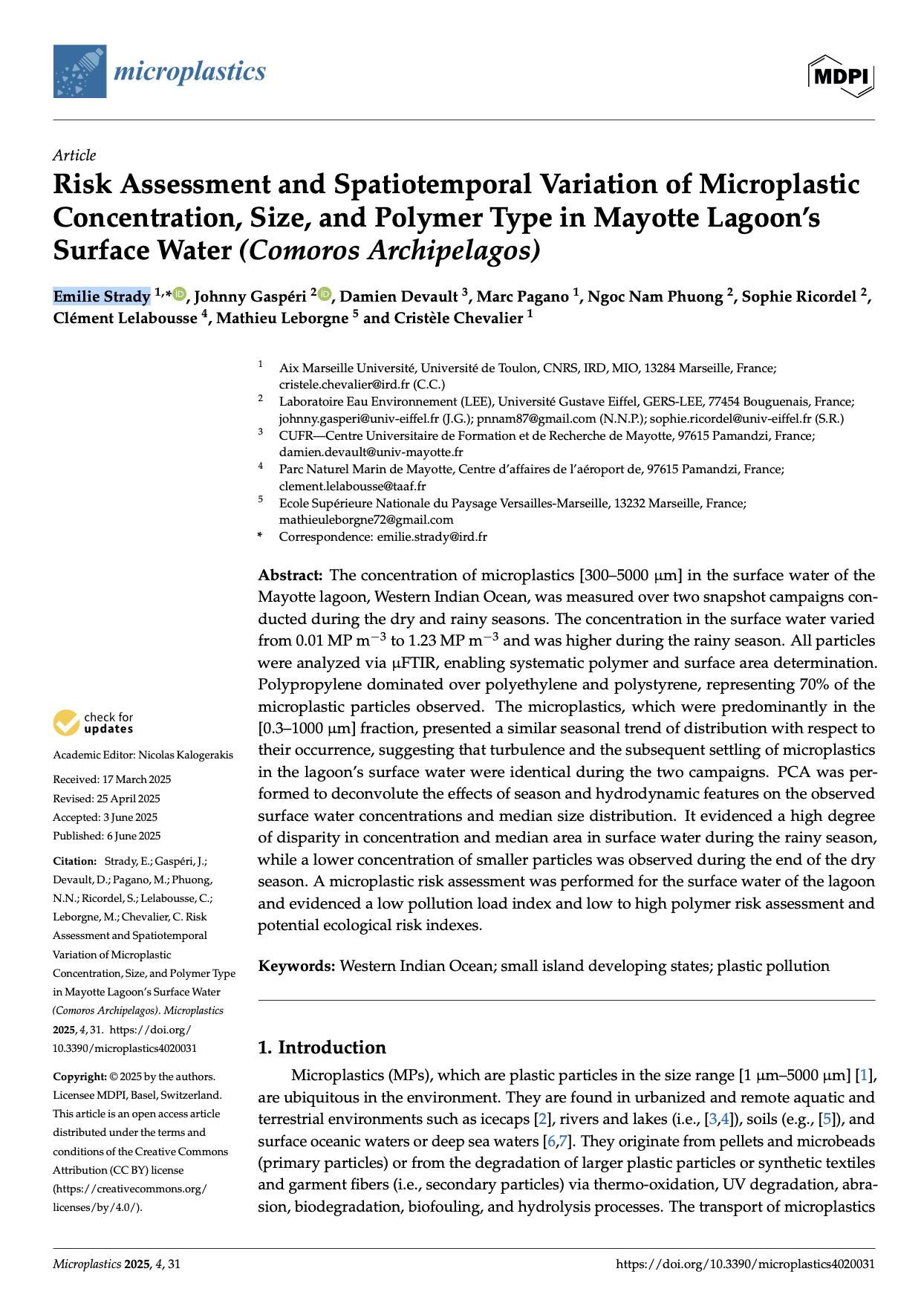 Risk Assessment and Spatiotemporal Variation of Microplastic Concentration, Size, and Polymer Type in Mayotte Lagoon’s Surface Water
